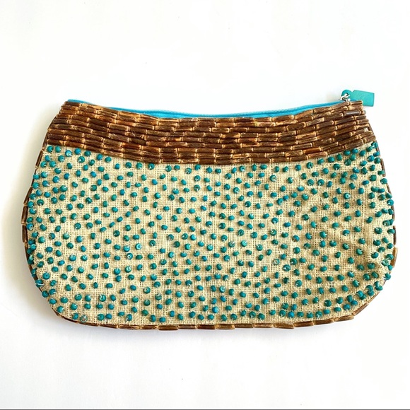 Vintage Mido teal blue brown straw wood seashell beading toiletry pouch bag - Picture 2 of 5